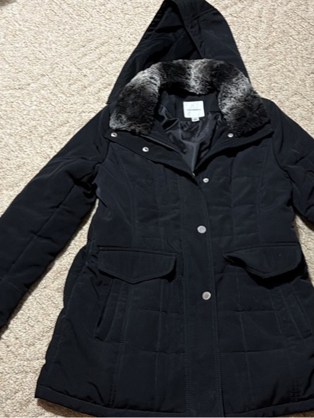 croft & barrow Black Hooded Puffer Coat with Faux Fur Trim